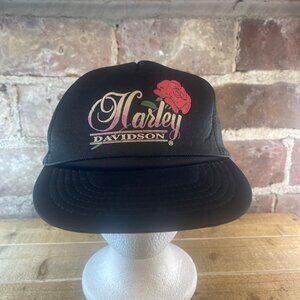 Vintage Harley Davidson Motorcycle Black Rose Snapback Trucker Hat Rare